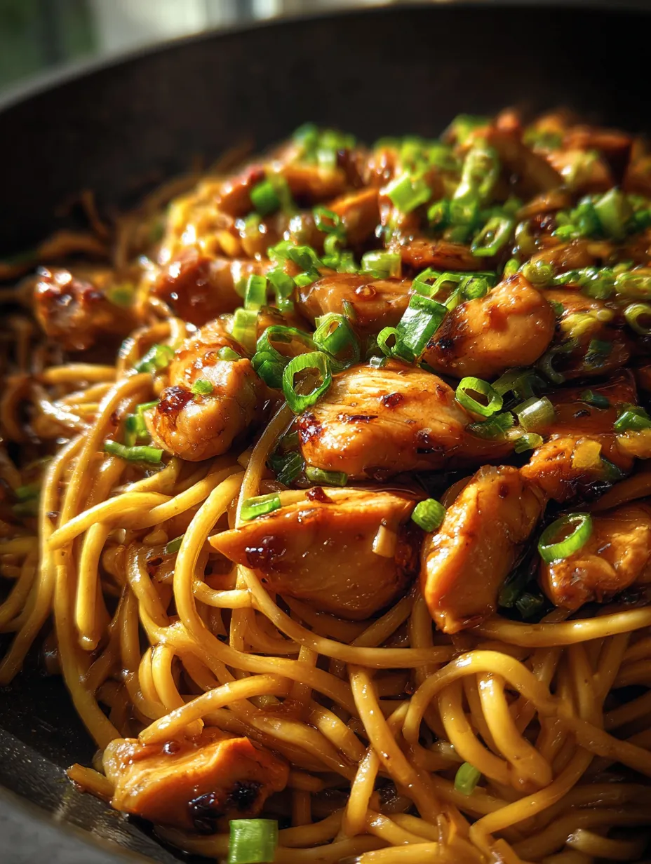 Un bol de fideos con pollo y verduras.