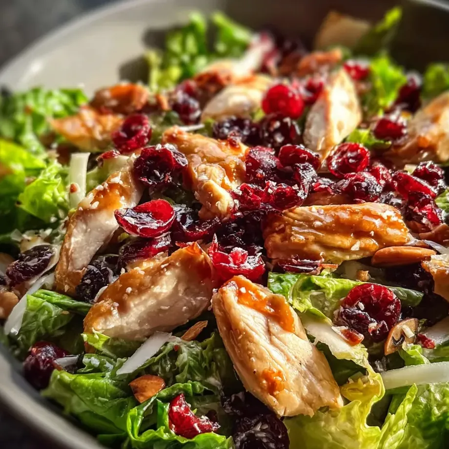 Un bol de ensalada con pollo, arándanos y lechuga.