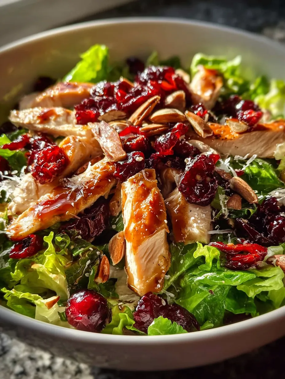 Un bol de ensalada con pollo, arándanos rojos y nueces.