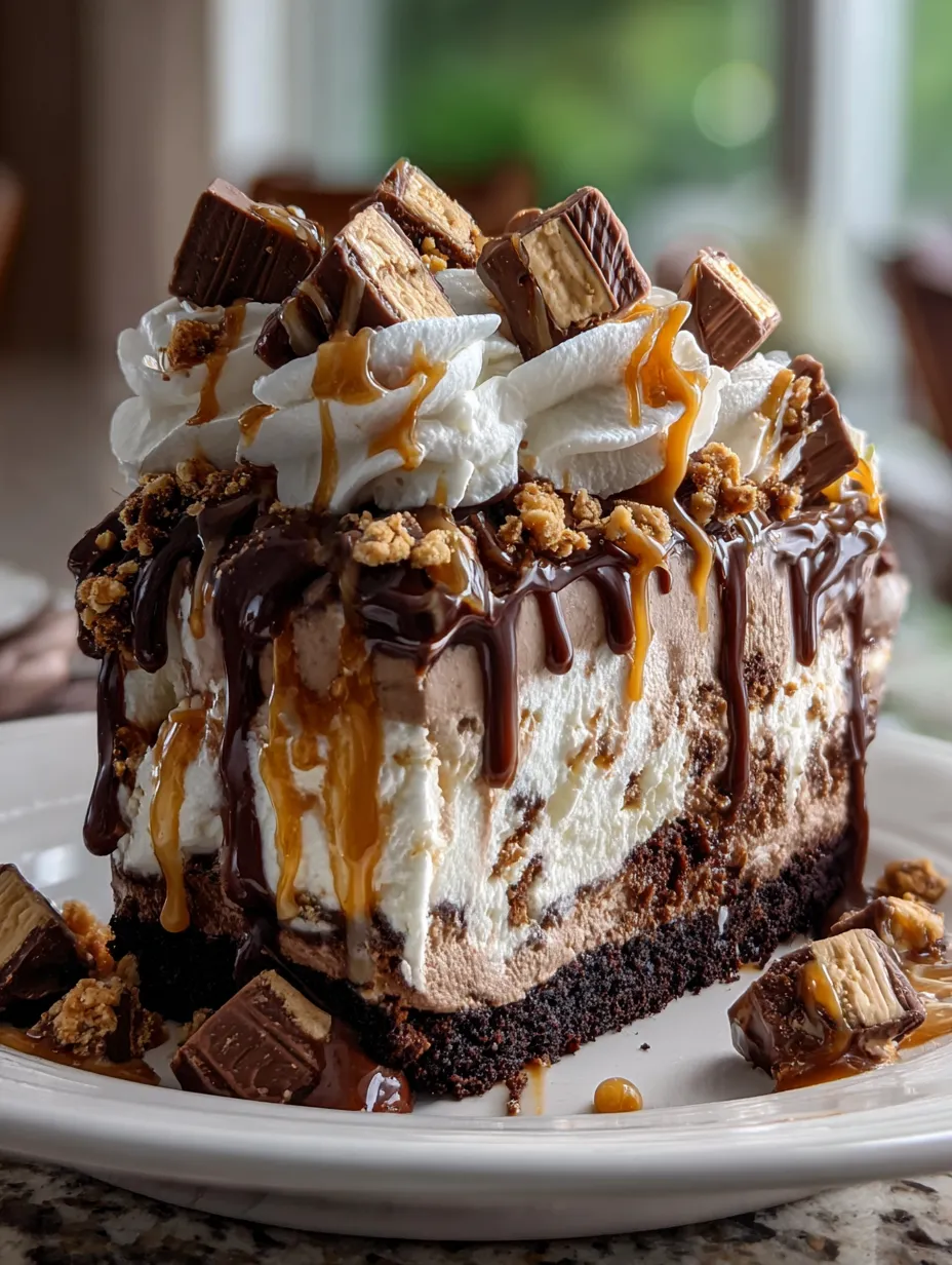 Una rebanada de pastel de chocolate con sirope de caramelo.