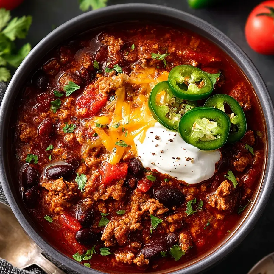 Un plato de chili con jalapeños y queso.