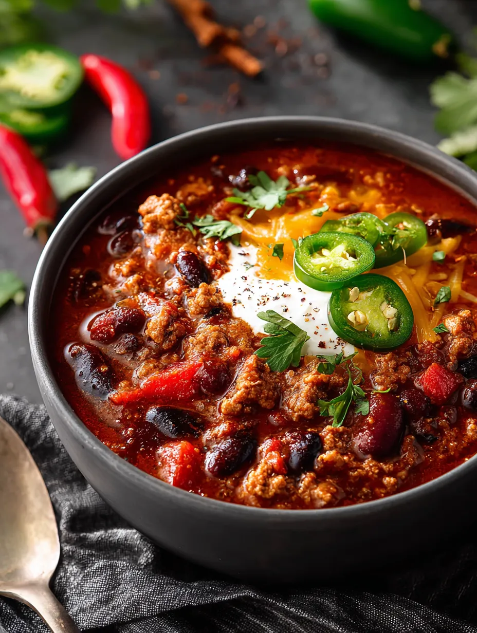 Un tazón de chili con jalapeños y un poco de crema.