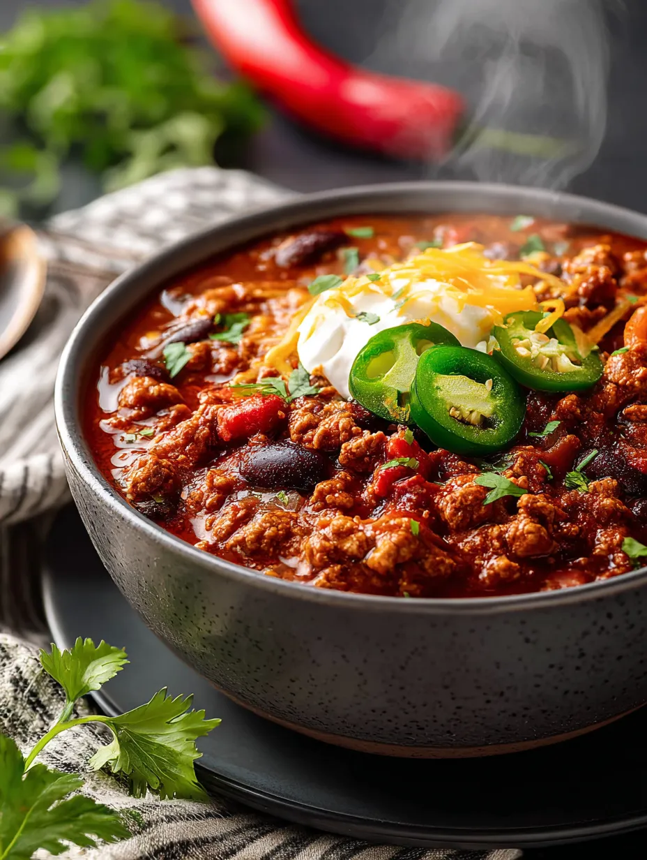 Un tazón de chili con jalapeños y queso.