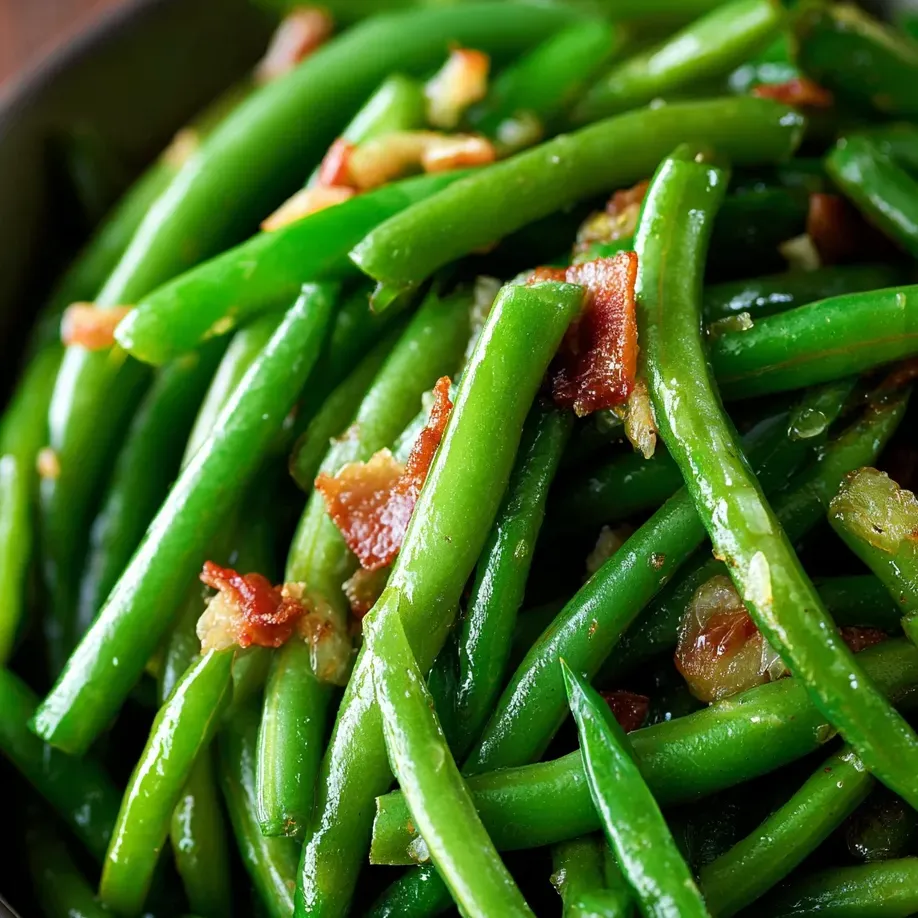 Un plato de judías verdes con trozos de tocino.