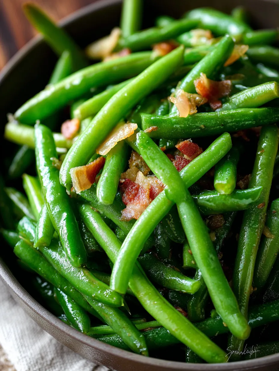 Un tazón de ejotes con bacon.