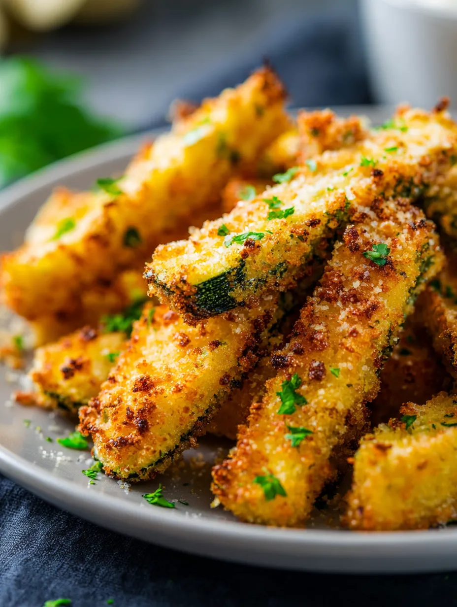 Un plato con bastones de calabacín cubiertos de parmesano y cebolla encima.