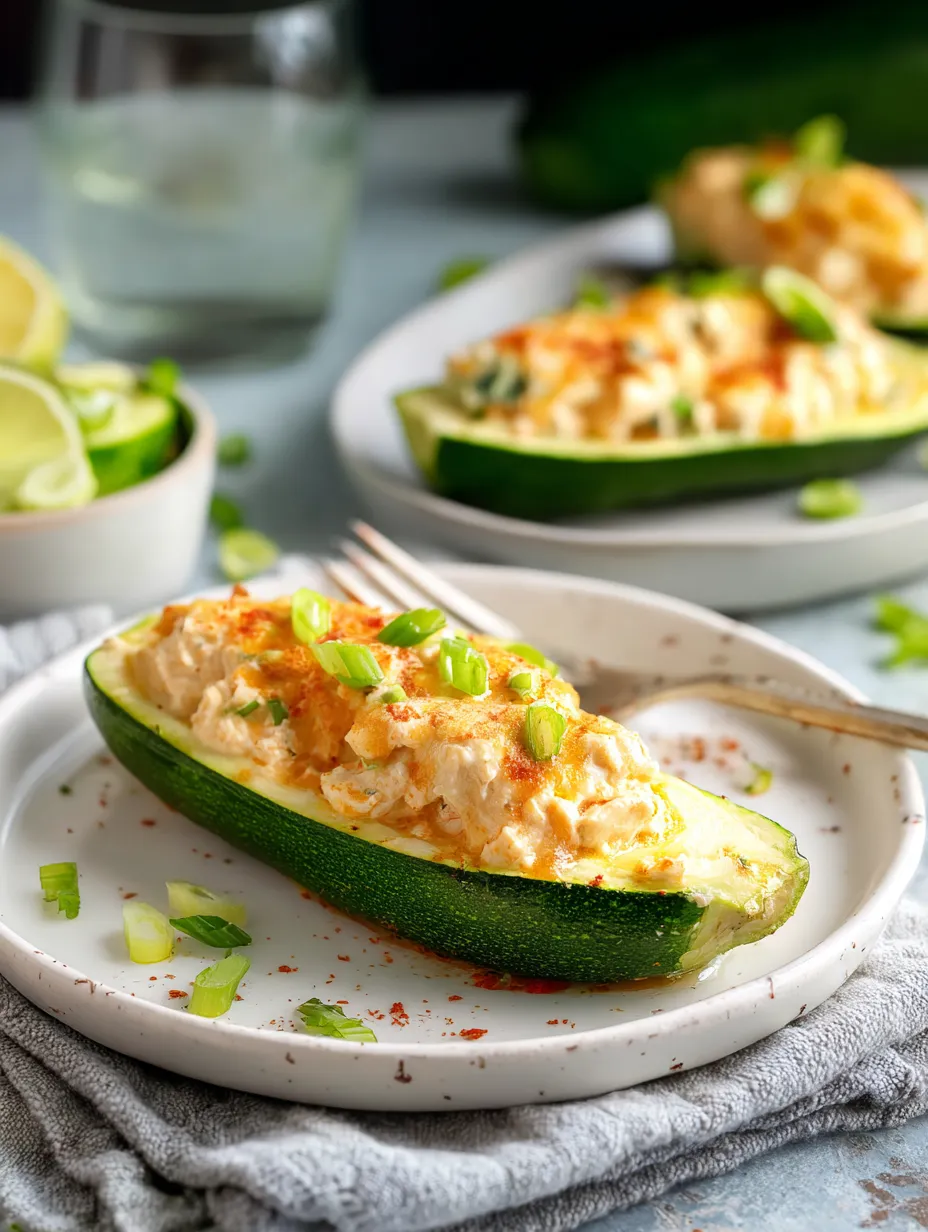 Un calabacín relleno de una crema servido en un plato blanco.