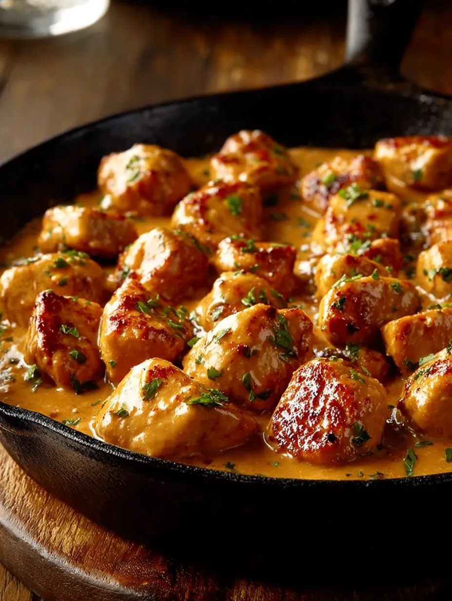 Schüssel mit Hähnchenstücken in einer cremigen Sauce.