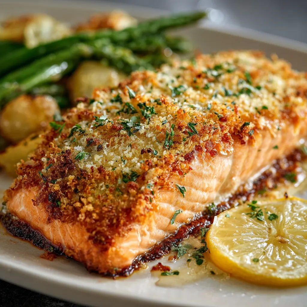 Un montón de hojas verdes, esparragos y patatas, todo mezclado con cebolla y ajo, encima una pieza de pescado dorado con más cebolla y ajo.