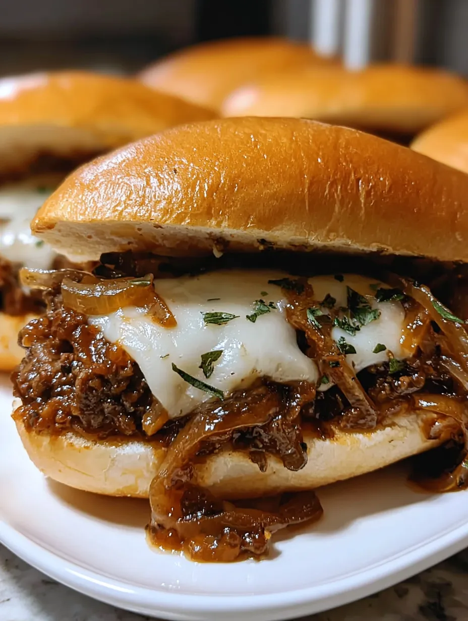 Un sándwich con queso, cebolla y carne en un plato blanco.