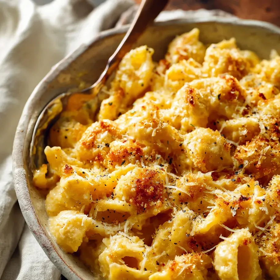 Un plato de mac and cheese vegano súper cremoso servido en un bol.