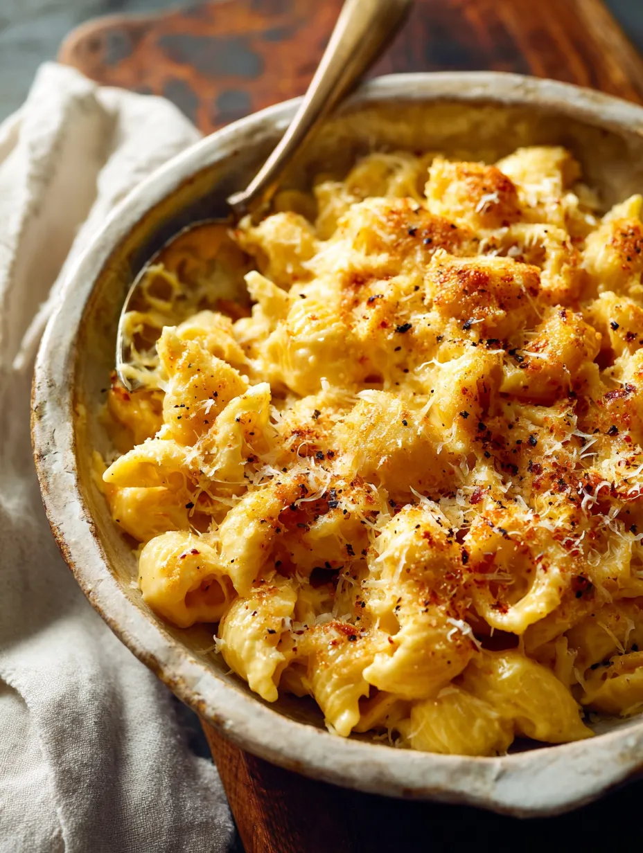 Una olla con mac and cheese vegano, decorado con parmesano y hierbas.