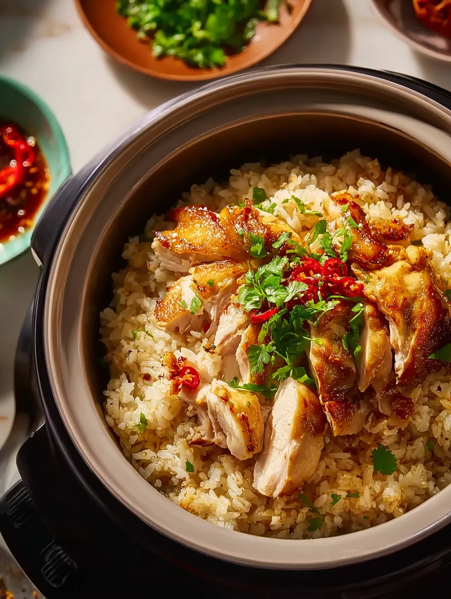 Una olla de arroz con pollo.