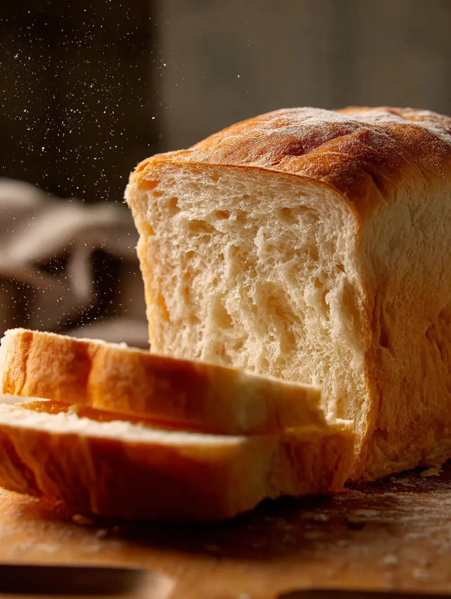 Mitad de una rebanada de pan blanco con un poco de harina espolvoreada arriba.