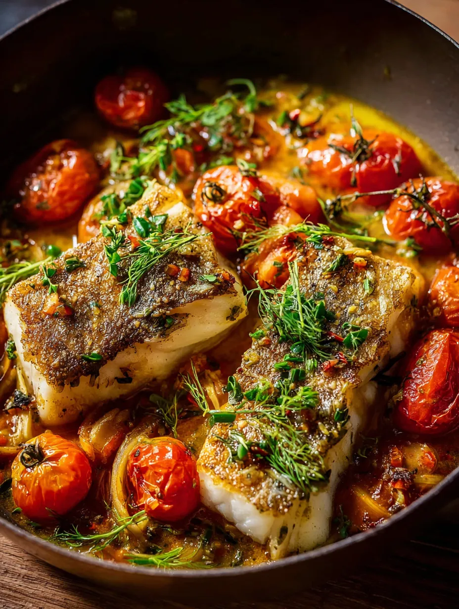 Un pescado con tomates y cebollas en una sartén.