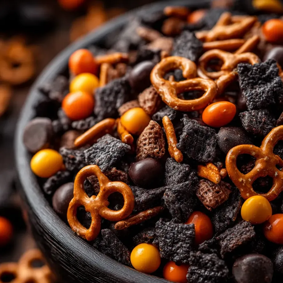 Bol de mezcla con chispas de chocolate, pretzels en trocitos, nueces y chocolate.