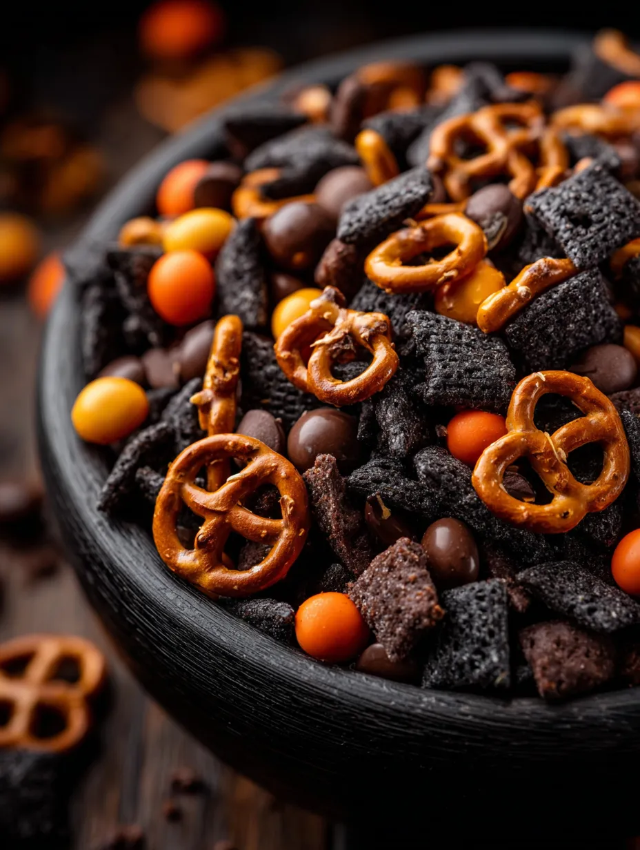 Un snack mix colorido con nueces, chocolate, especias y brezel.