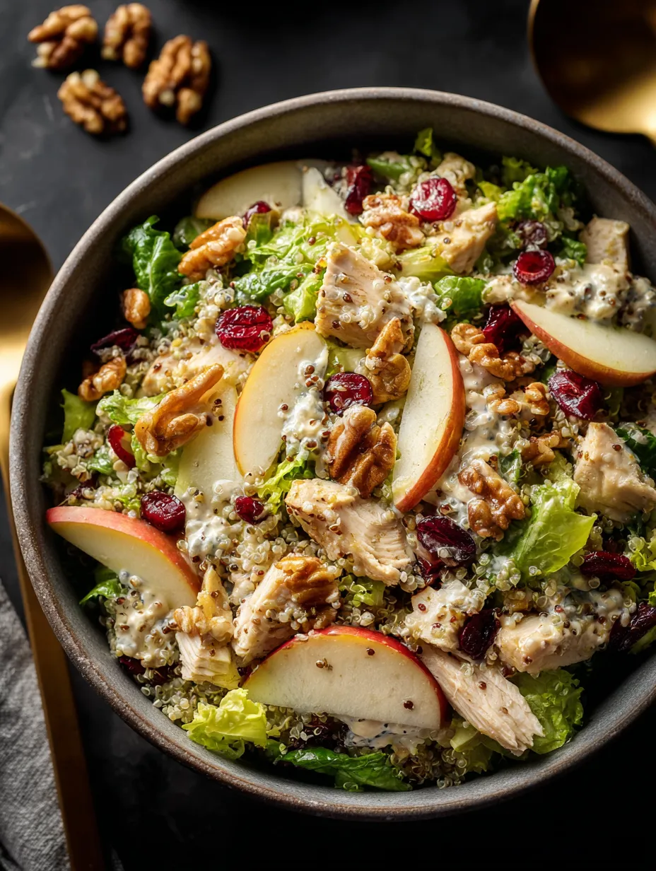 Bol grande y brillante con una mezcla de frutos secos, queso, ensalada, manzanas y pollo.
