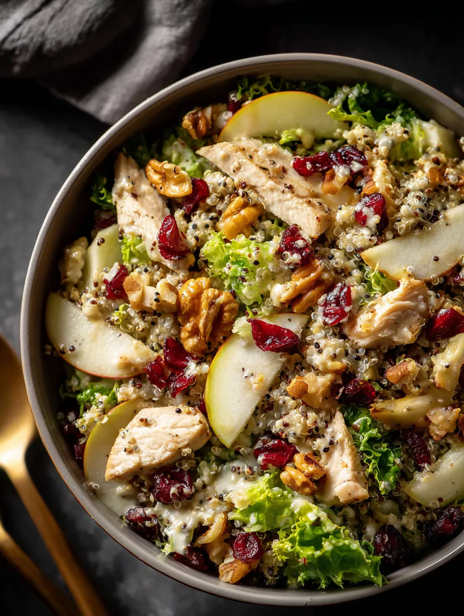 Un bol grande con mezcla de frutas, frutos secos, verduras y pollo.