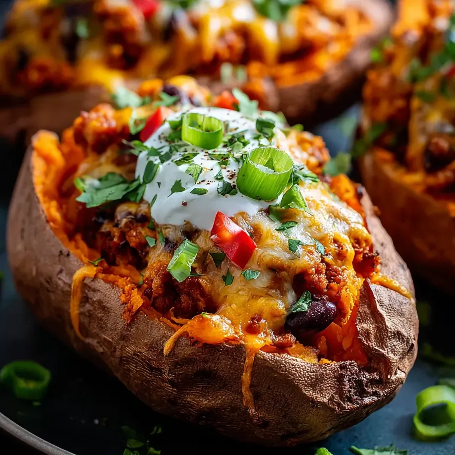Una batata asada con queso fundido, tomate, pimientos y cebolla.
