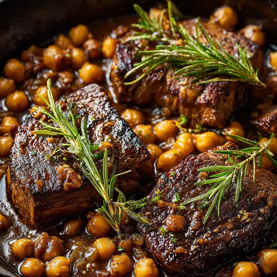 Plato con carne, garbanzos y hierbas.