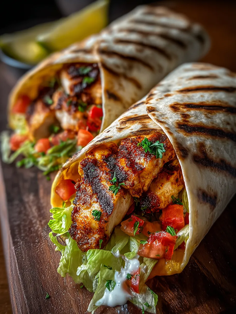 Un wrap con pollo y tomate servido en una mesa.