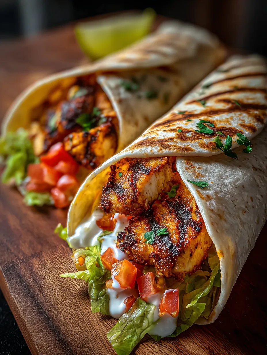 Un wrap de pollo con tomate sobre la mesa.