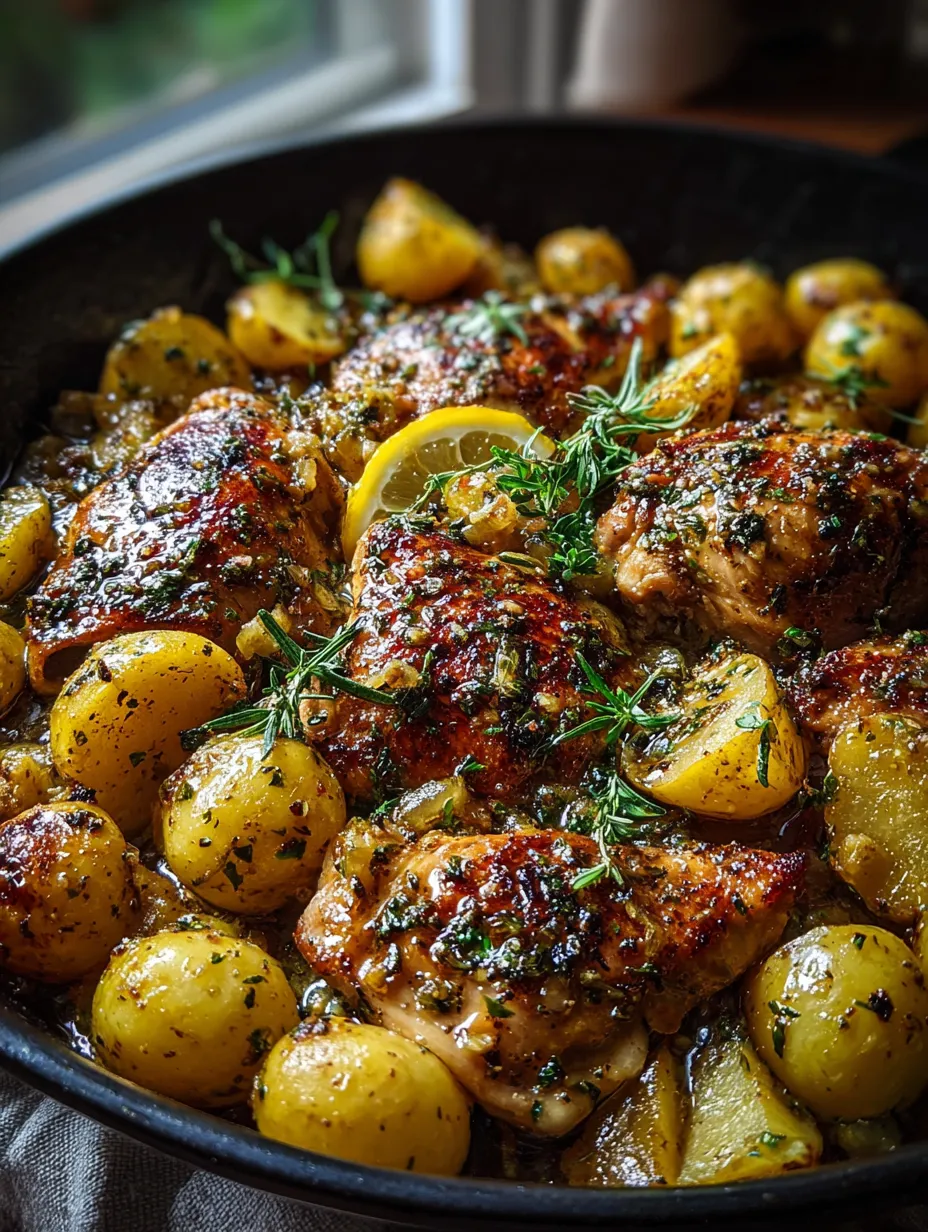 Un plato con pollo y papas.