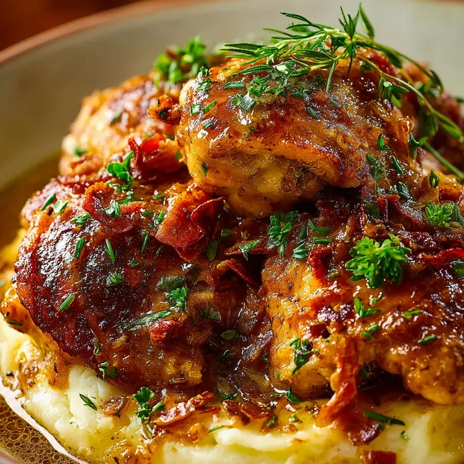 Una fuente con bolitas de pollo doradas, decoradas con tiras de bacon y cebolla por encima.