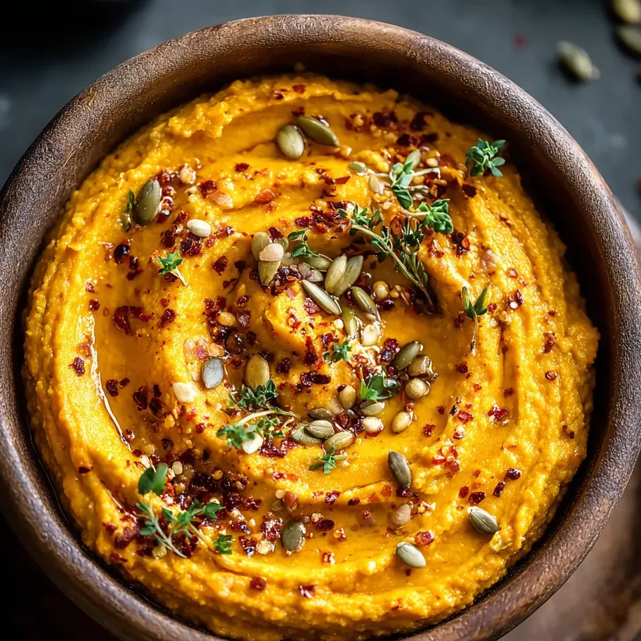 Olla con sopa cremosa y naranja, hecha con calabaza, sésamo y condimentos.