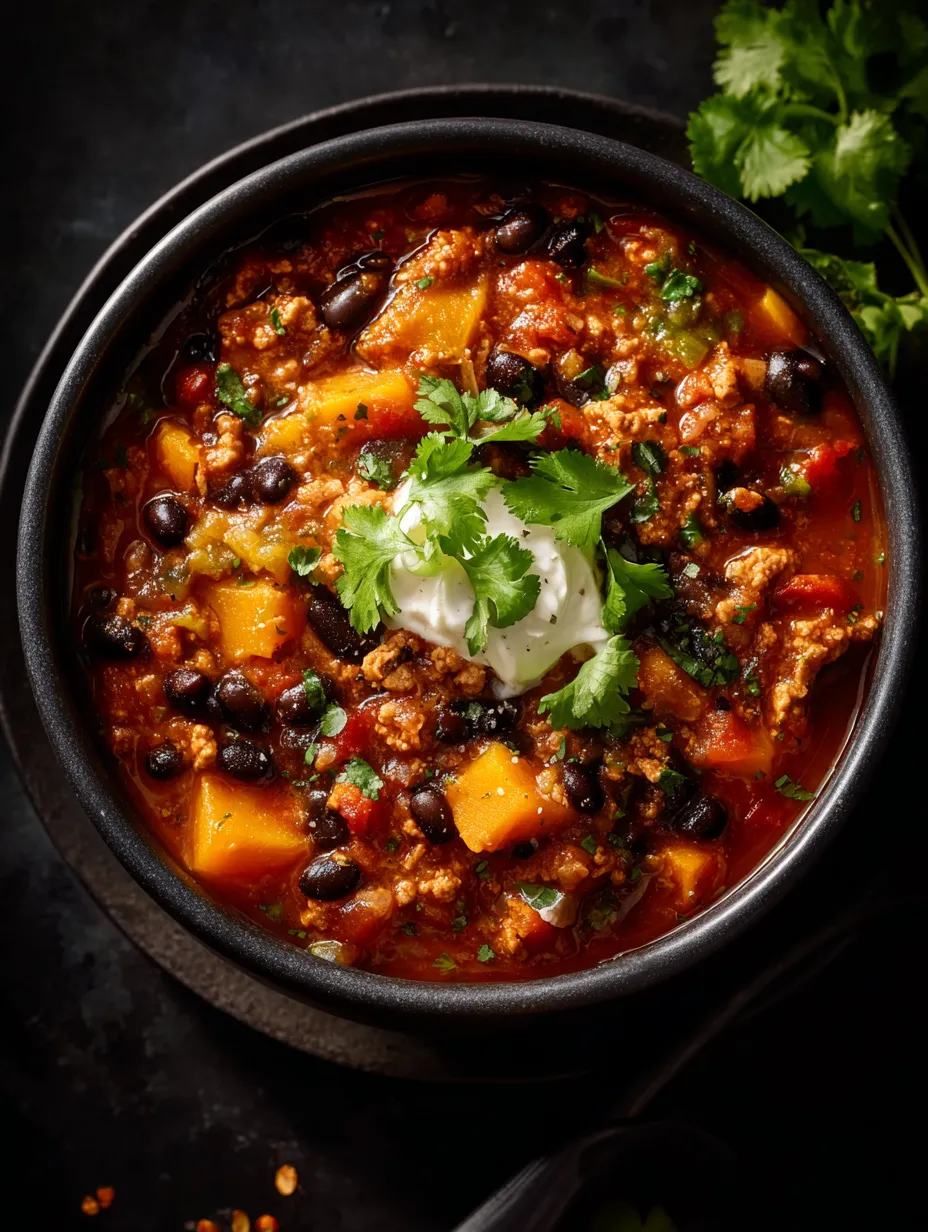 Un bol negro con chili, patatas, pimientos, cebollas y tomates.