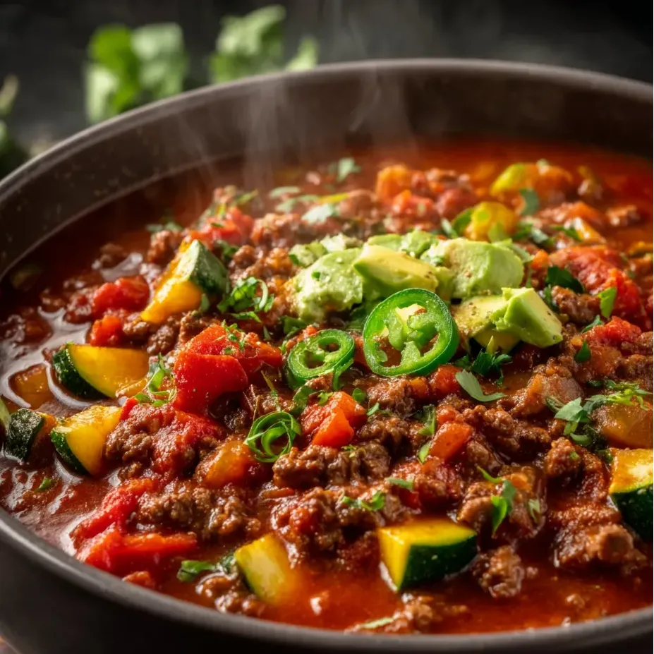 Un tazón negro con mezcla de papas, cebollas, tomates, aguacate y calabacín.