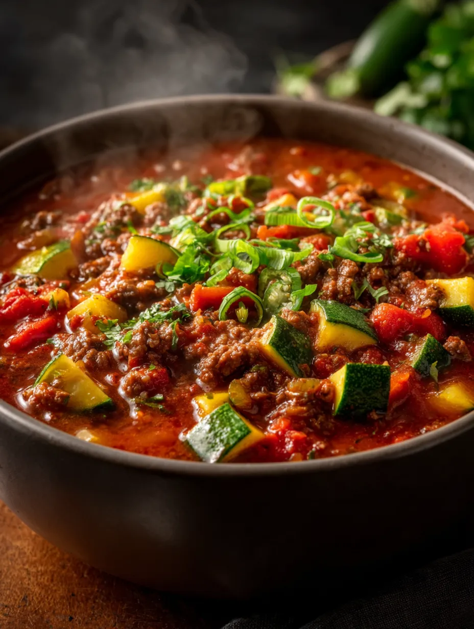 Un bowl con mezcla de cebolla, tomate, calabaza y carne de res.