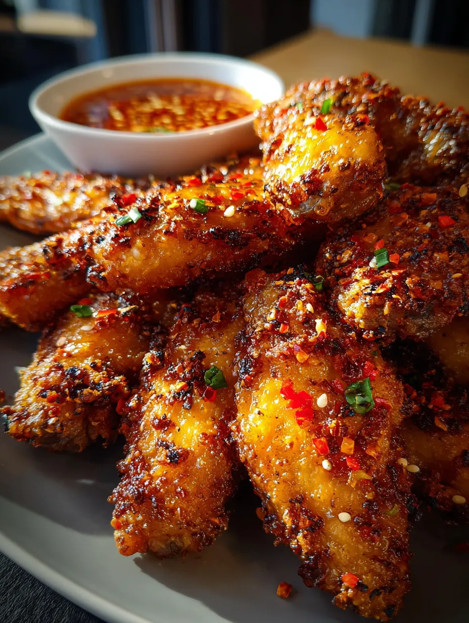 Un plato lleno de alitas de pollo doradas y oscuras recién hechas bañadas en salsa.