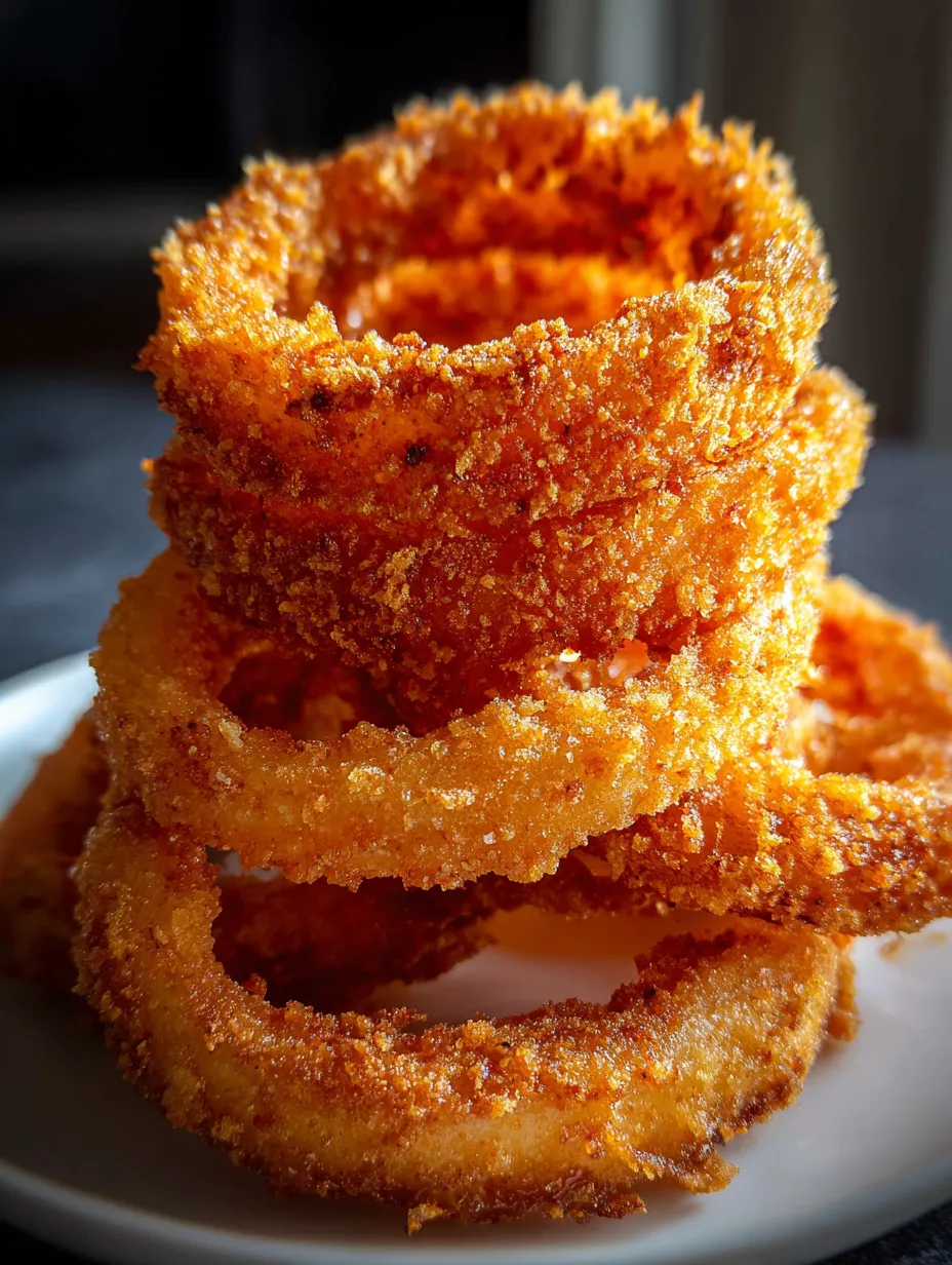 Un plato con tres aros fritos apilados uno sobre otro.