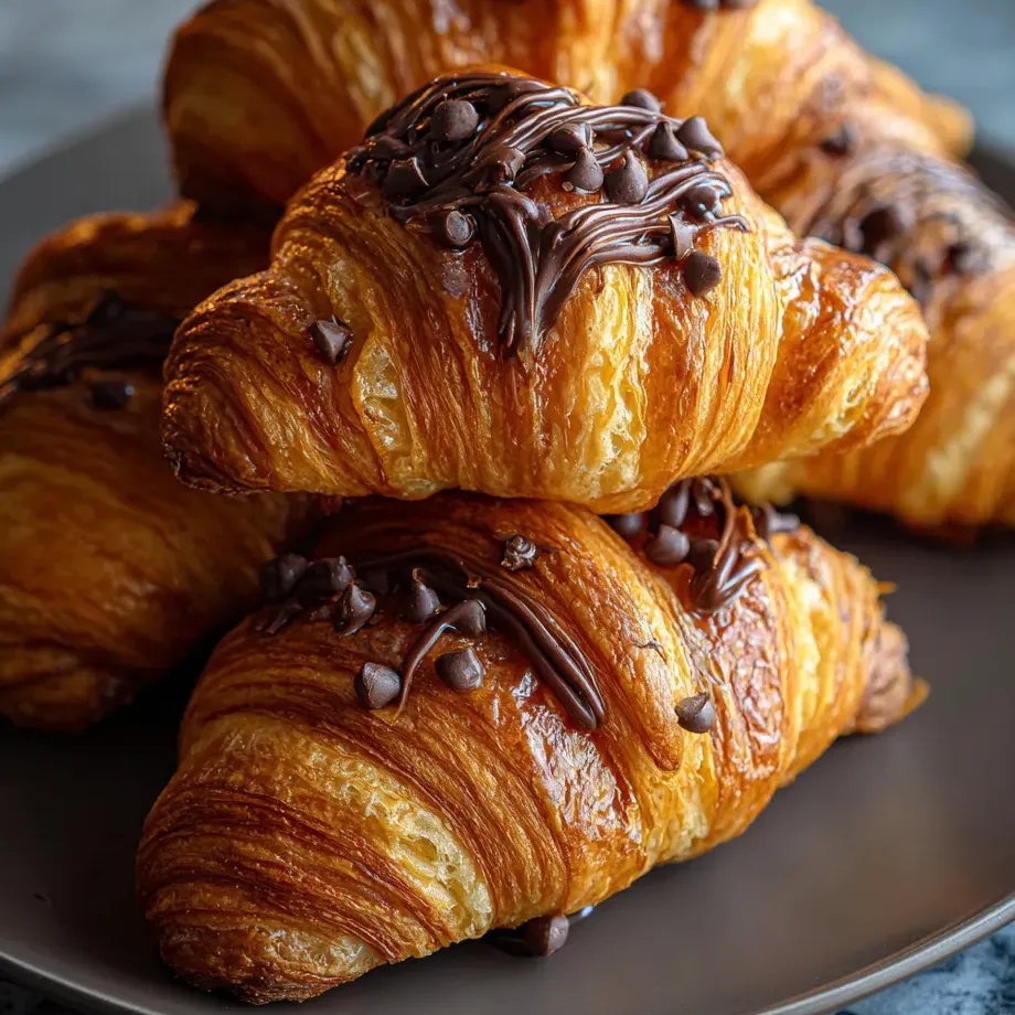 Tres croissants en un plato, cubiertos con chocolate derretido y salsa de chocolate encima.