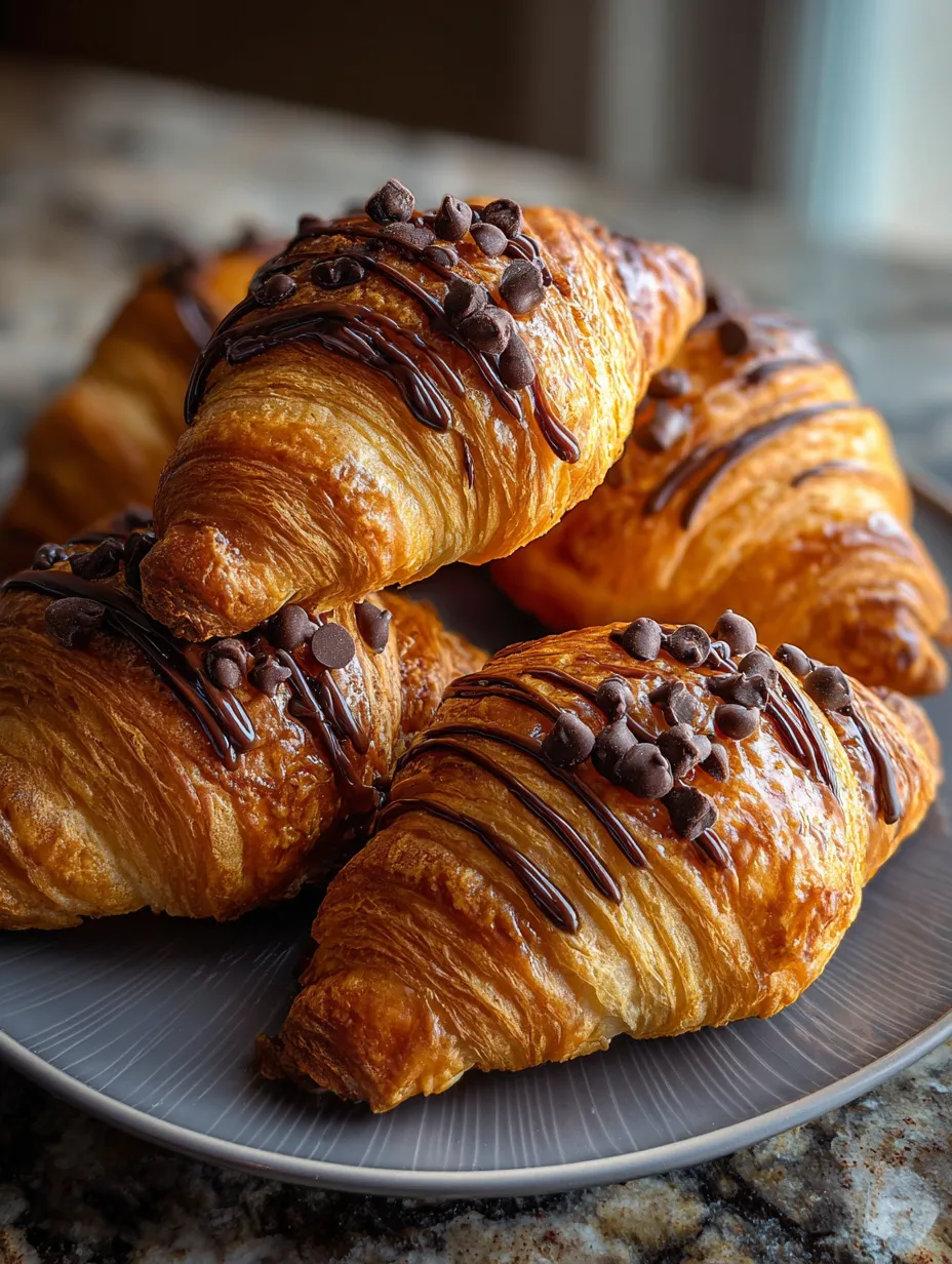 Un plato blanco con tres croissants cubiertos de chocolate y trocitos de chocolate encima.
