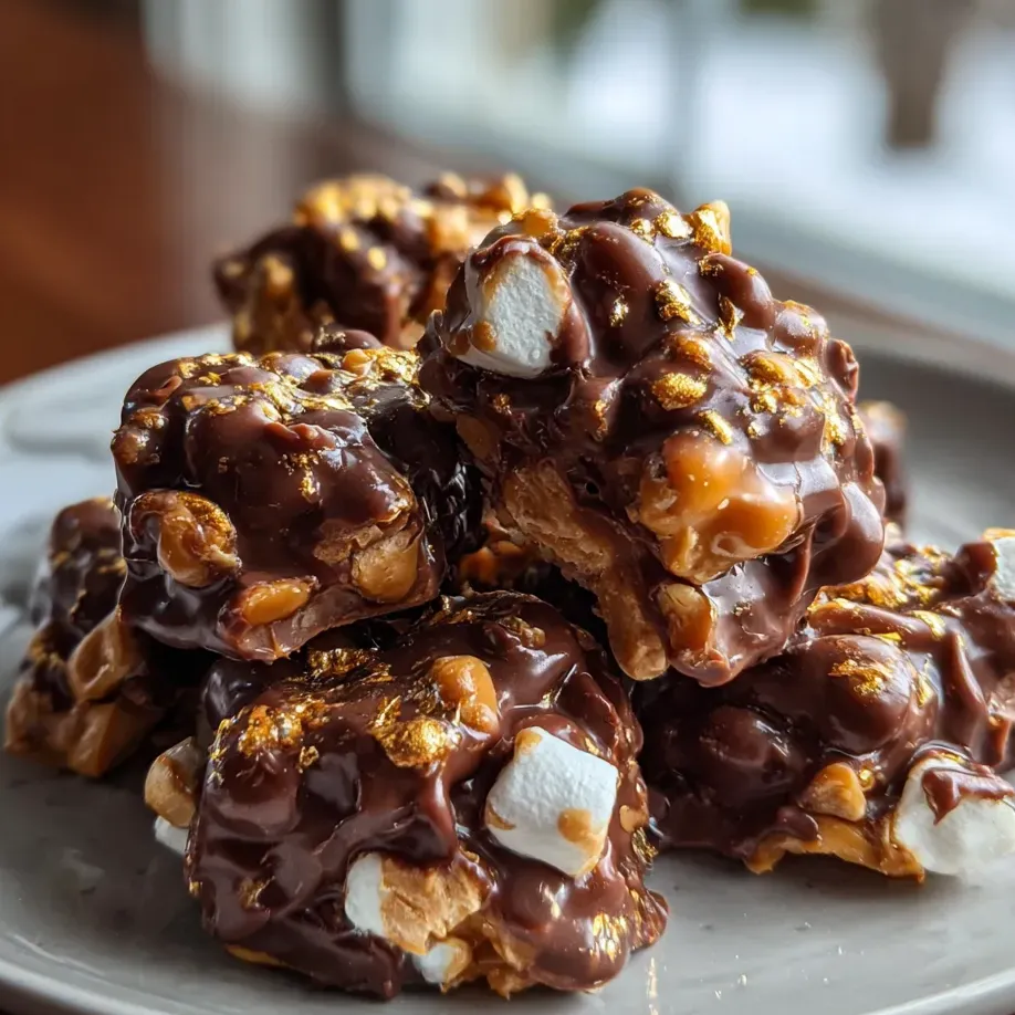 Un plato con montoncitos de chocolate decorados con malvaviscos y láminas doradas.