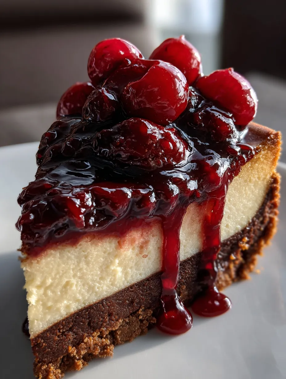 Una bola de chocolate cubierta con cerezas rojas sobre un plato blanco.