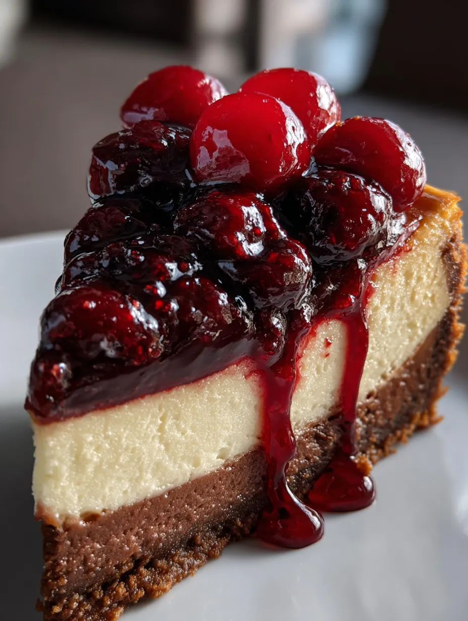 Una tarta de chocolate con cerezas frescas arriba servida en plato blanco.