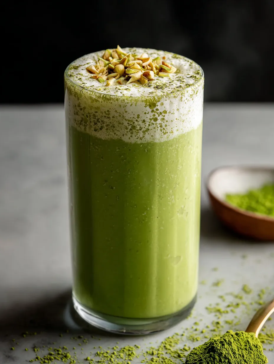 Un vaso con bebida verde decorado con una capa de nueces y té verde por arriba.
