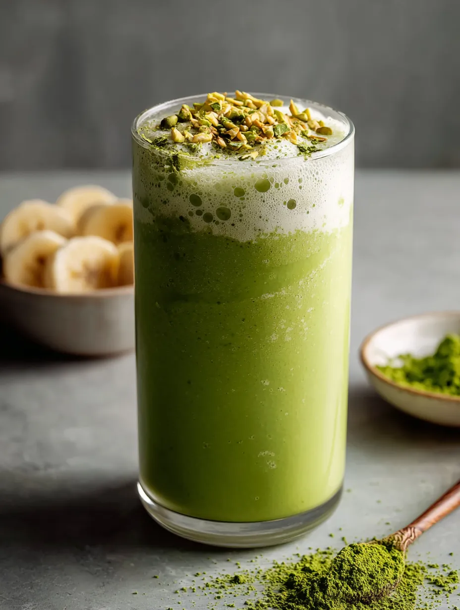 Un vaso con bebida verde preparado con plátanos y cítricos.