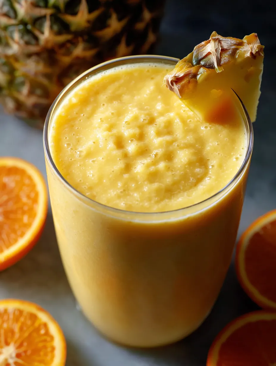 Vaso con mezcla de zumo de naranja y leche de coco.