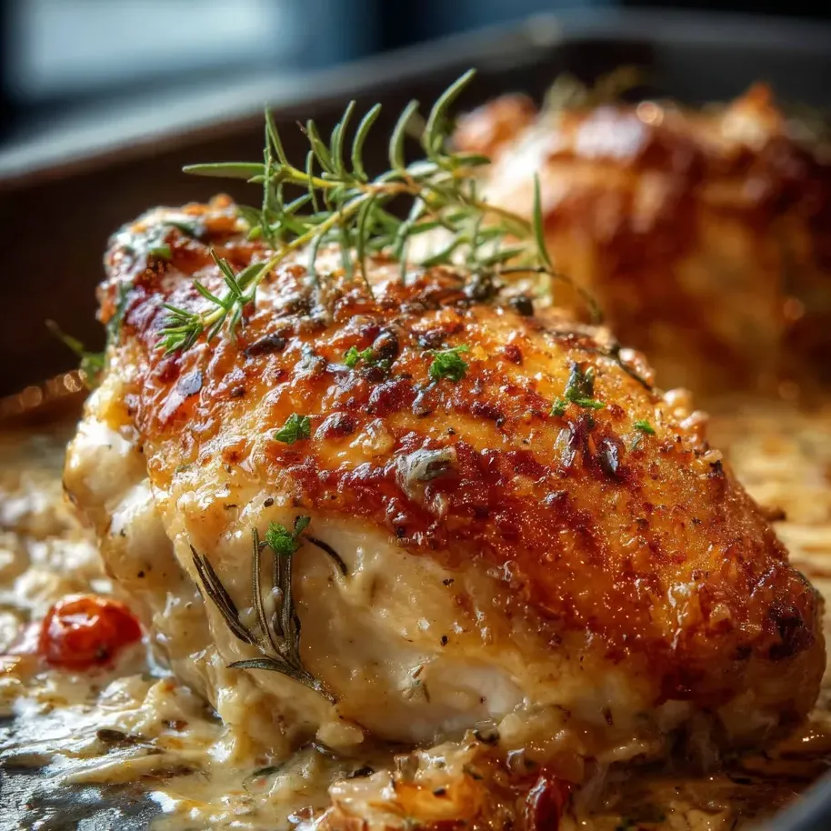 Un plato de pollo al horno con arroz, cebolla y ajo en sartén.