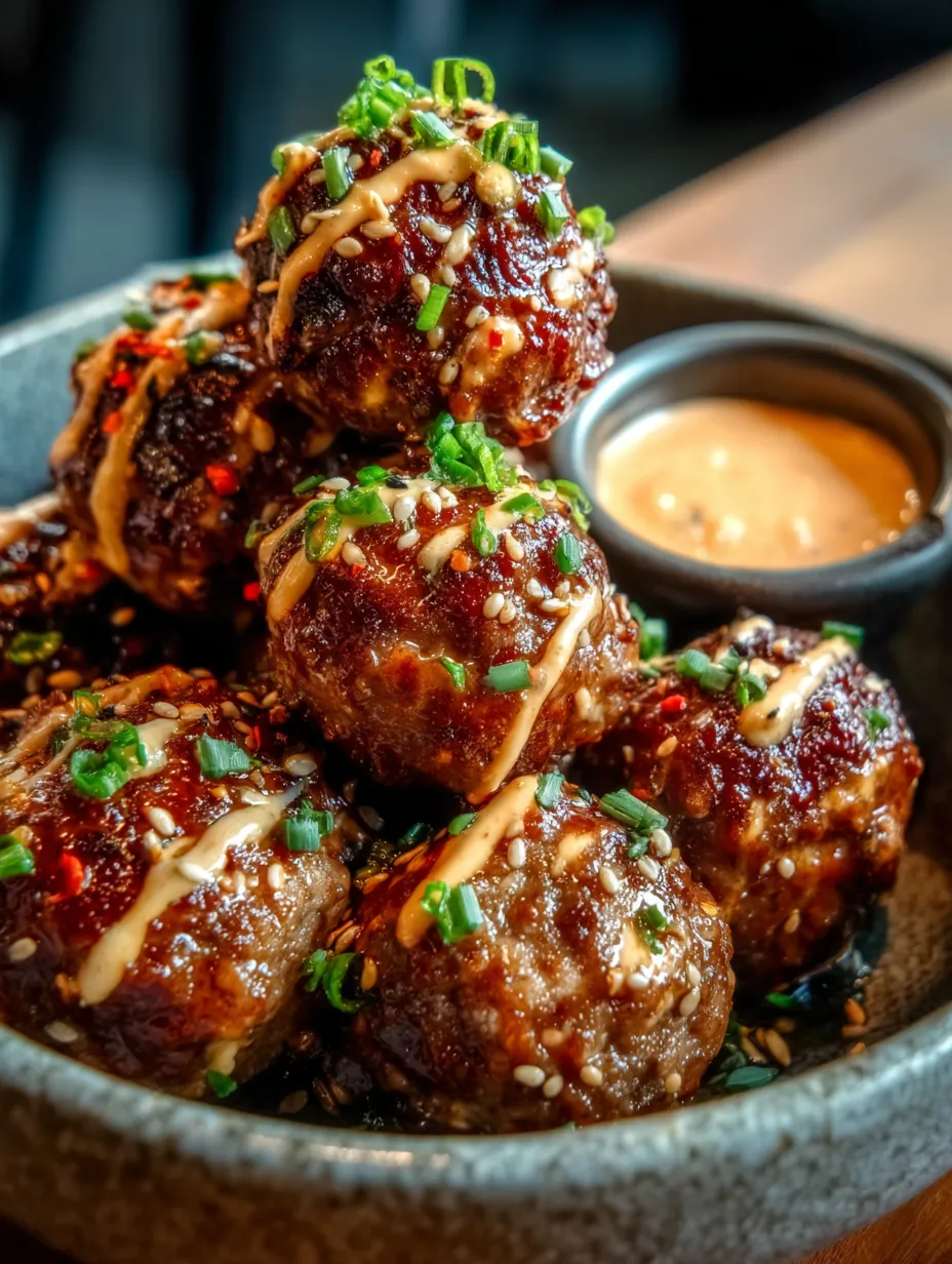 Un wok con muchas bolitas de carne asadas cubiertas de salsa y cebollines.