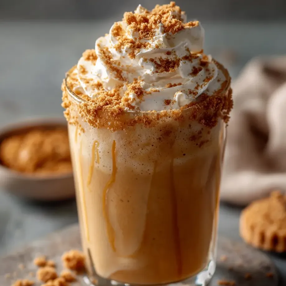 Un vaso con batido blanco y cremoso, coronado con una capa clara y chispitas de azúcar por encima.