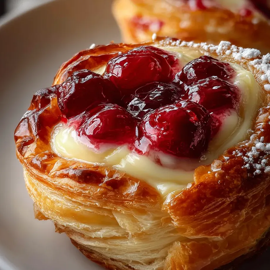 Una galleta blanca con capa de queso fresco y cerezas rojas encima.