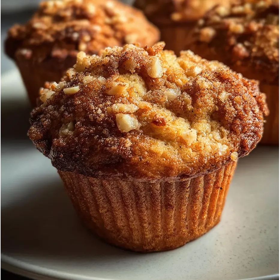 Un muffin cubierto con azúcar y nueces en un plato.