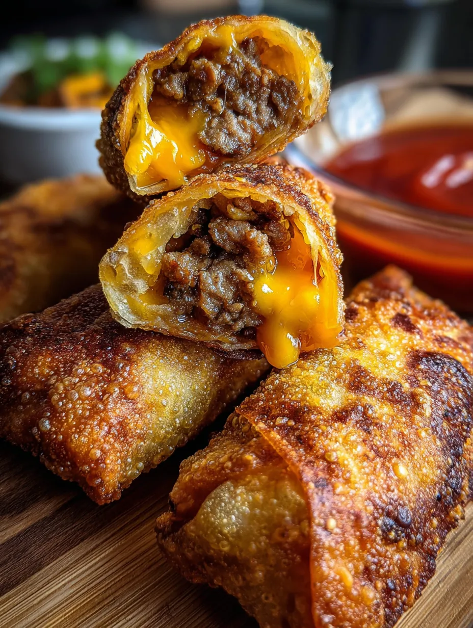 Dos eierrollen rellenas con carne y queso sobre un plato listas para comer.