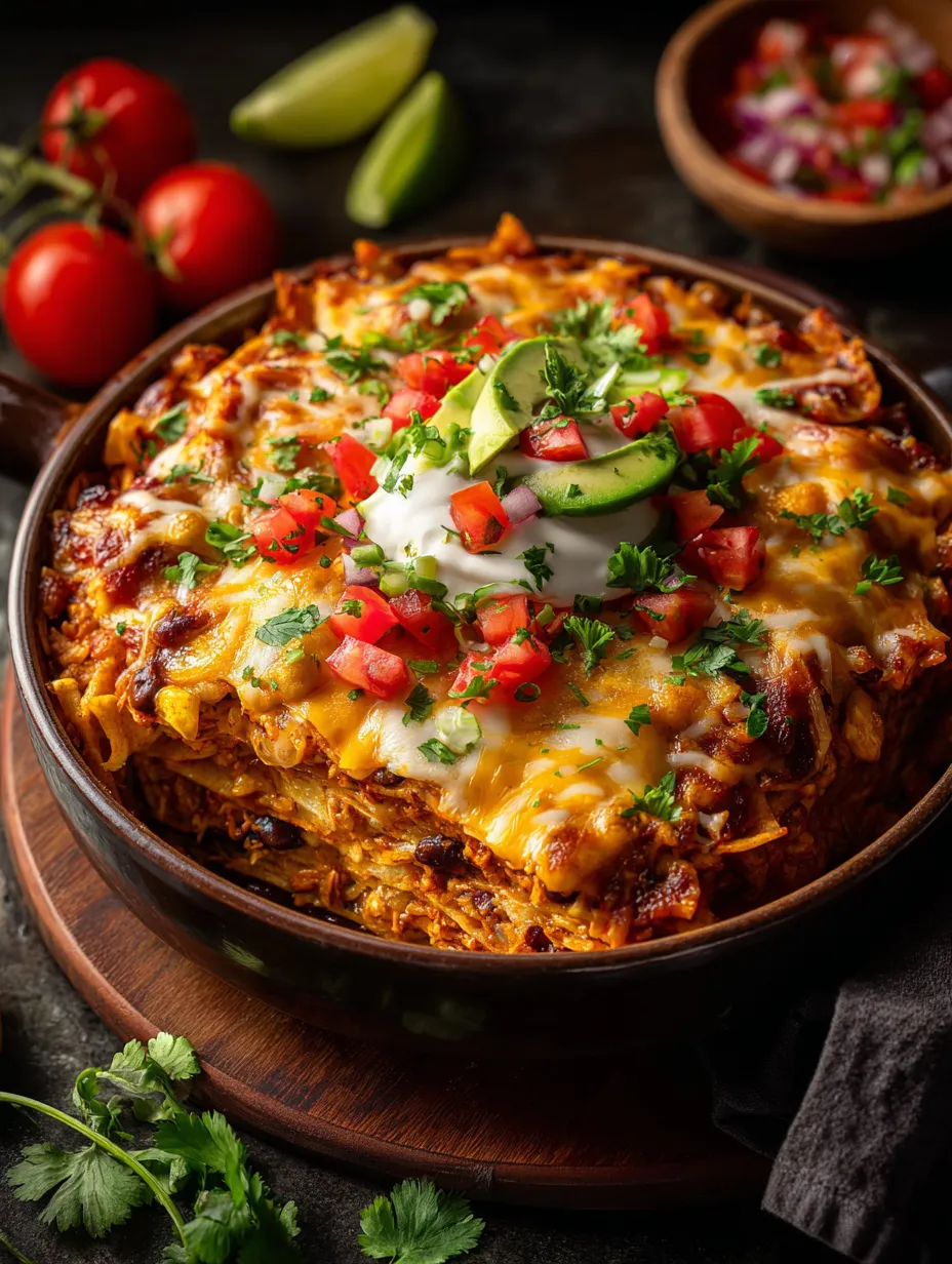 Un gran guiso dorado con tomates, cebollas y queso, coronado con más tomate, cebolla y queso.